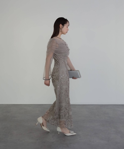 チュールオフショルダー花柄Iラインドレス結婚式パーティー二次会デート成人式 LEJA】チュールオフショルダー花柄Iラインドレスワンピース 2点セット