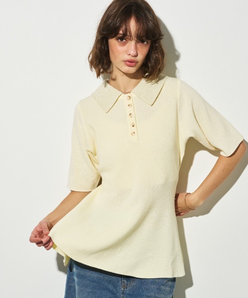 美品✨EMPORIO ARMANI オリーブ 半袖ニットペプラム Unitage ニット セーター ポロ襟4WAYペプラムサマーニット