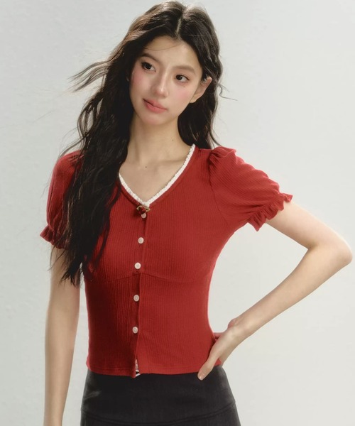 tシャツ レトロレース Vネックニットトップス SP25s012「SunsetPark」「2025SS」 レディース メンズ
