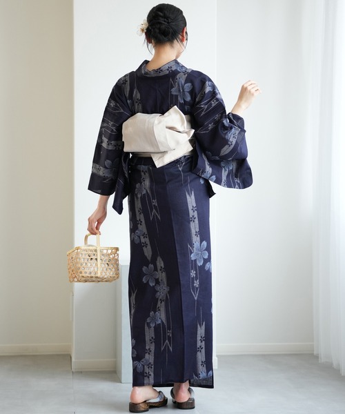 utatane 浴衣 浴衣3点セット 綿麻×紅梅 藍色に桜矢絣 レディース