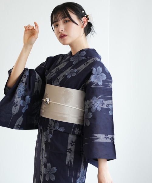 綿紅梅　ネイビー浴衣 utatane 浴衣 浴衣3点セット 綿麻×紅梅 藍色に桜矢絣 レディース