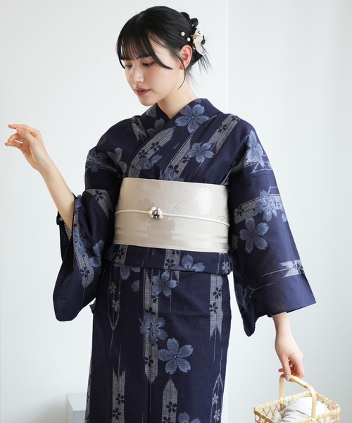 浴衣☆新品☆レディース☆綿麻☆花柄☆アクブルー☆浴衣セット utatane 浴衣 浴衣3点セット 綿麻×紅梅 藍色に桜矢絣 レディース