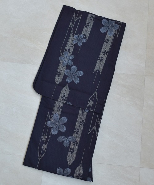 D 浴衣 綿紅梅 桜に矢絣模様 黒色 白色 夏物 着物 y1-2753_a.jpg