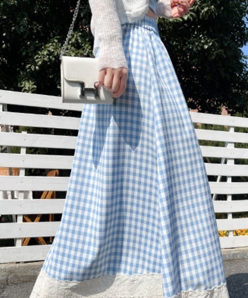 新品SeaRoomlynn BACKスリットKNITスカートギンガムブルー Mejoul スカート 裾レースギンガムフレアロングスカート