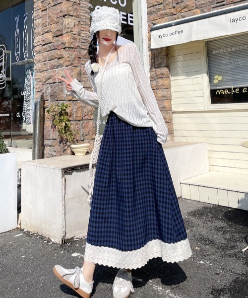 【関税込み】Han Kjobenhavn ミディアムスカート Mejoul スカート 裾レースギンガムフレアロングスカート