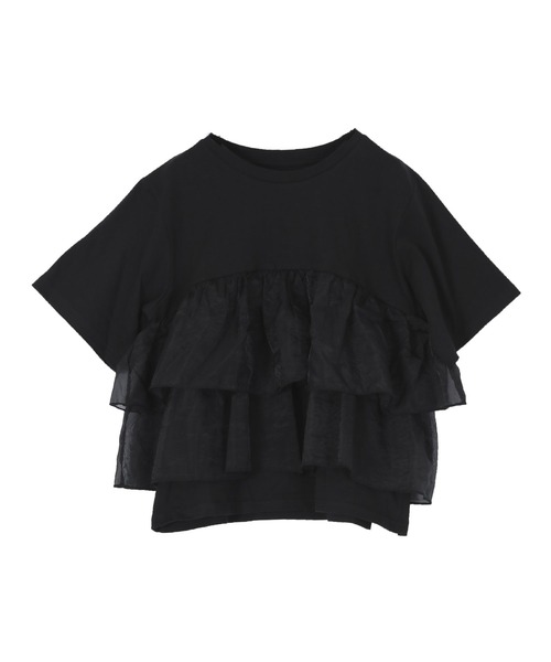 tシャツ 綿天竺オーガンジーフリルヘムTシャツ レディース moment+ tシャツ 綿100%天竺. 裾レースチュールドッキングロゴ