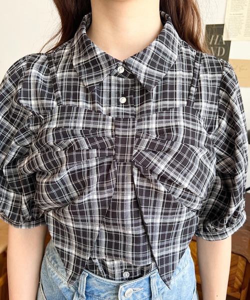 moment+ ブラウス シャツ リボンビスチェセット半袖チェックシャツ