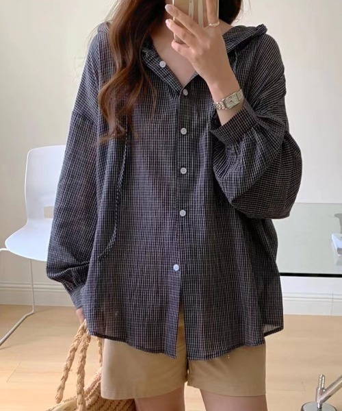 ブラウス シャツ オーバーサイズフード付きチェックシャツ レディース