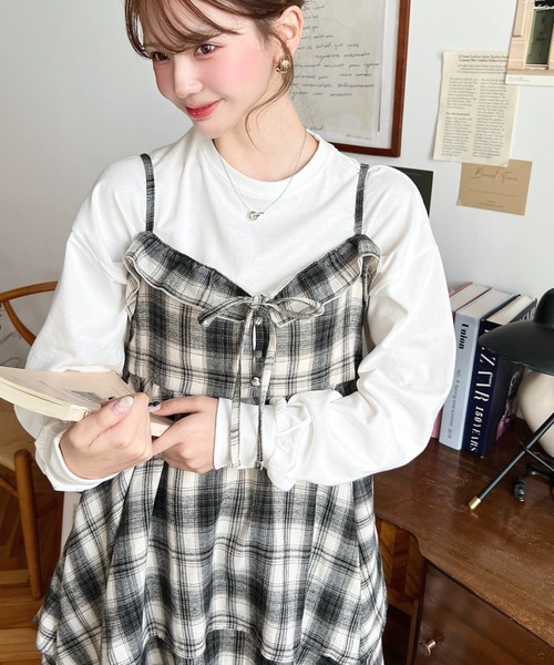 moment+ ワンピース イレギュラーヘムチェック柄キャミワンピース