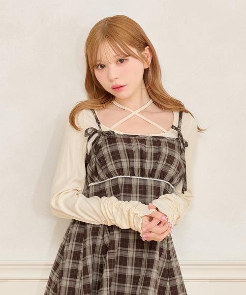 マーブル プリント ファー レザー リボン トップス 長袖 グランジ 春物 秋物 リボンフリンジチュニック