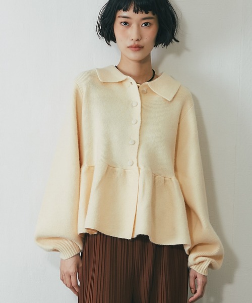 カーディガン 裾フリルペプラム襟付きカーディガン レディース