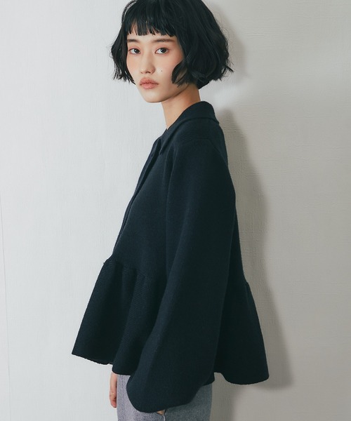 カーディガン 裾フリルペプラム襟付きカーディガン レディース