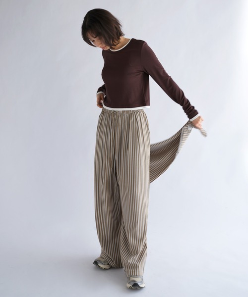 ANME ワイドパンツ パンツ レーヨンストライプイージーワイドパンツ 