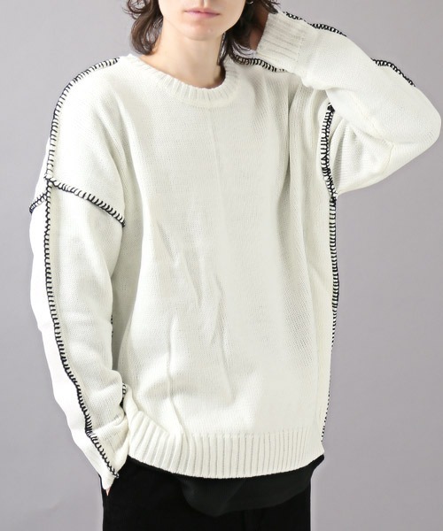 【WHITE】<ASTRAET>ステッチ リブ クルーネックニット UNISEX SHIPS:〈洗濯機可能〉SOLOTEX(R) コットン ピケ クルーネック ニット