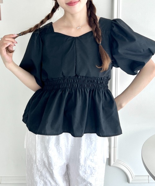 Loueme ブラウス シャツ 夏 半袖 ボリュームスリーブペプラム半袖