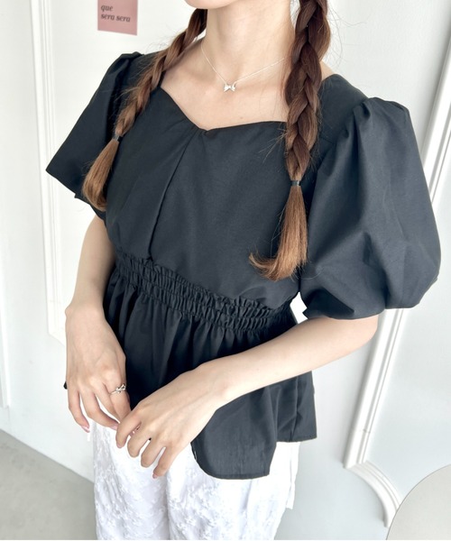 Loueme ブラウス シャツ ボリュームスリーブペプラム半袖ブラウス