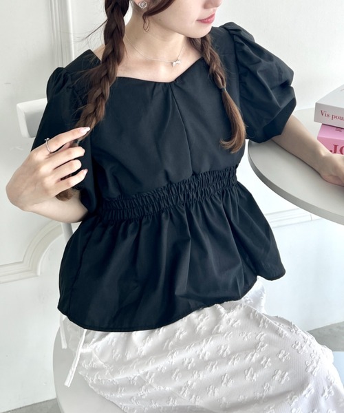 Loueme ブラウス シャツ 夏 半袖 ボリュームスリーブペプラム半袖