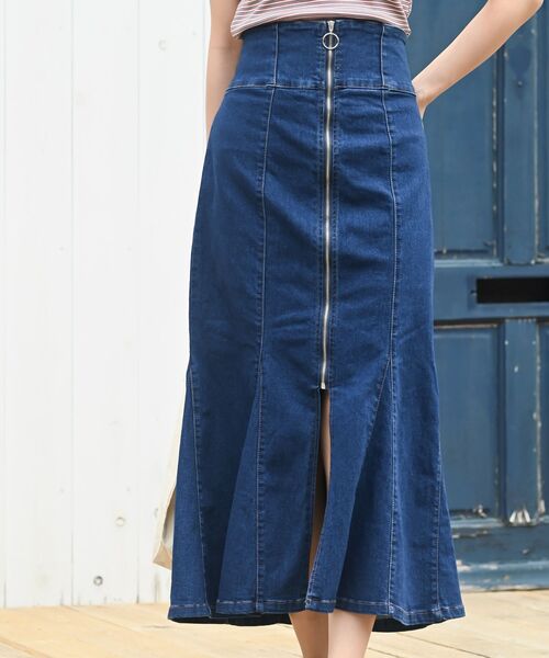 スカート デニム ストレッチデニムZIP前開きマーメイドスカート  