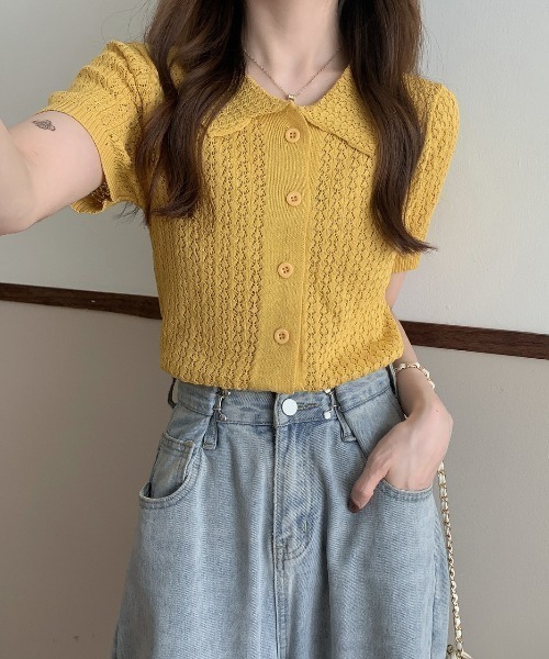 me イエロー 半袖カーディガン ボタン付きアンサンブル deux amour アンサンブル えり付き前ボタンメッシュカーディガン