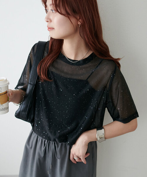 tシャツ キラキラシアートップス レディース キラキラ シアー トップス インナー レディース ノースリーブ