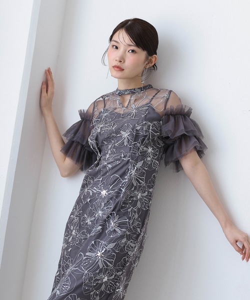 Kana ドレス チュールフリルスリーブ スパンコール 刺繍レース