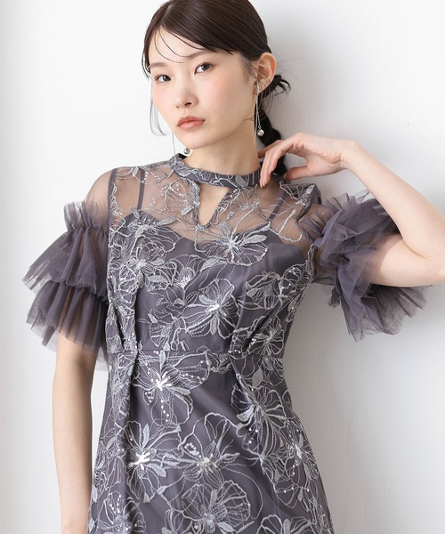 パーティードレス ドレス チュールフリルスリーブ スパンコール 刺繍レース パーティー ドレス 結婚式 お呼ばれ オケージョンドレスの画像