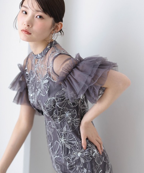 Kana ドレス チュールフリルスリーブ スパンコール 刺繍レース