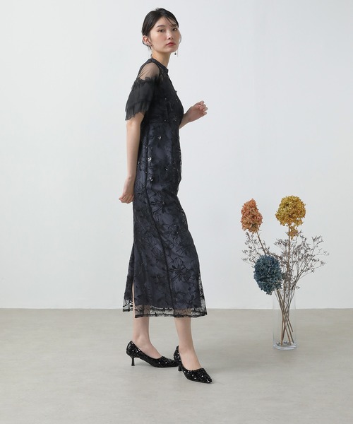 Kana ドレス チュールフリルスリーブ スパンコール 刺繍レース