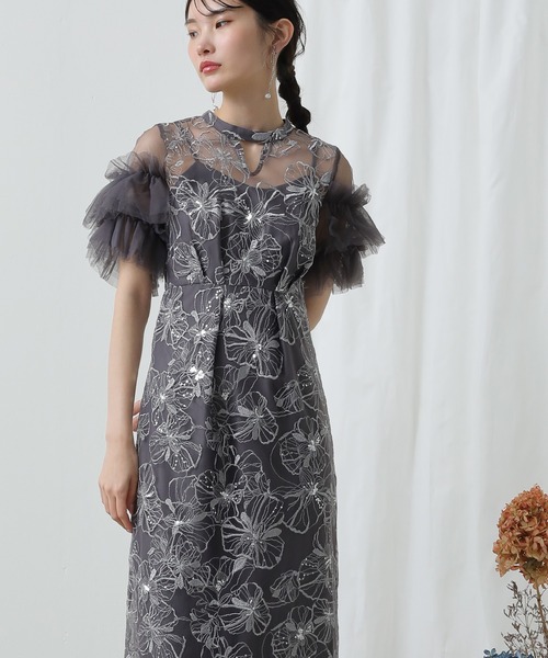 フラワースパンコールチュールフリルIラインドレス結婚式二次会デートパーティー LEJA】フラワースパンコールチュールフリルIラインドレス