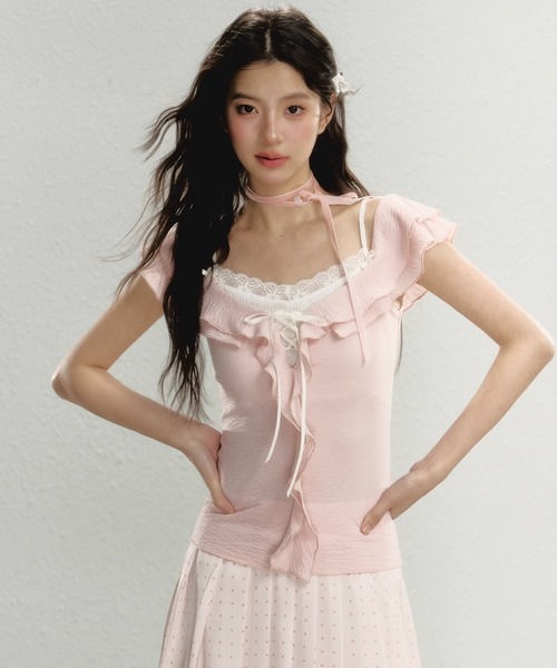 SunsetPark tシャツ オフショルダー レースデザイン 2Wayトップス 