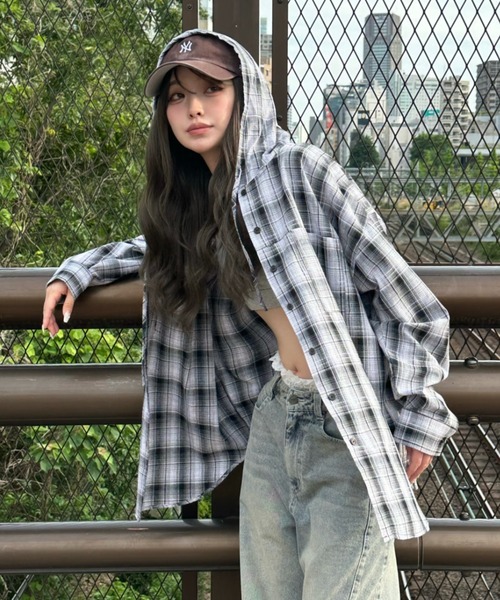 Ray Cassin ブラウス シャツ オーバーサイズフード付きチェック