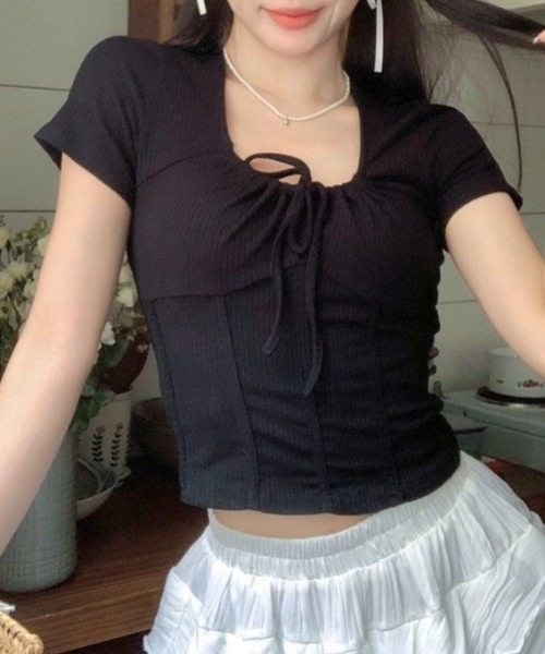 DIAVEL tシャツ 胸下切替えリボン付き半袖トップス レディース