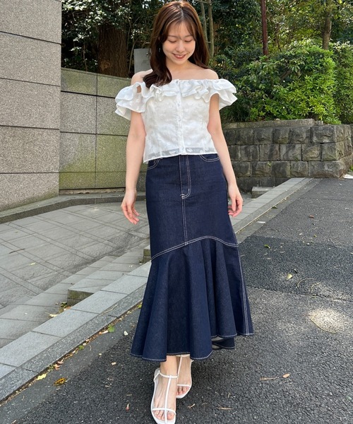 プリンテッド レース インディゴ デニム ワイド ラッフル デニム スカート プリンテッド レース インディゴ デニム ワイド ラッフル デニム