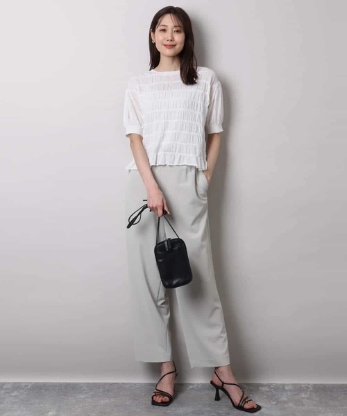 MK MICHEL KLEIN シャーリングボーダー五分袖ニット/洗える エムケー ミッシェルクラン MK MICHEL KLEIN シャーリング