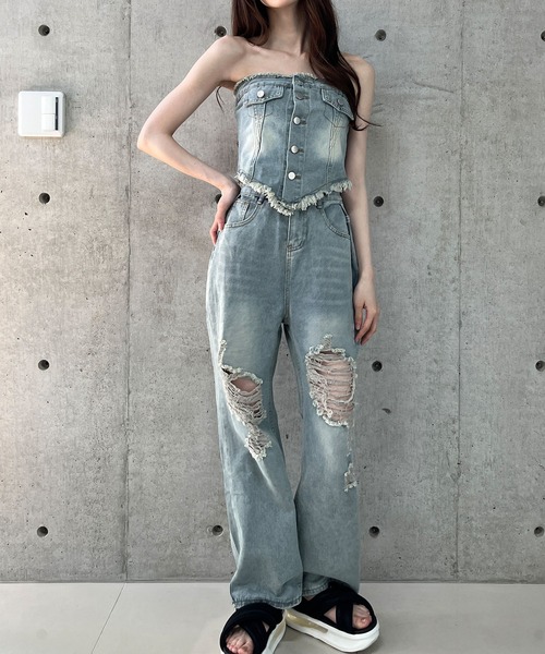 GLAMOROUS JANE セットアップ ベアトップ×ダメージデニム 2点