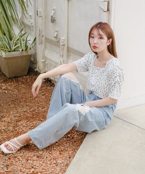 Kastane（カスタネ） tシャツ 小花柄ヘンリースクエアプルオーバー