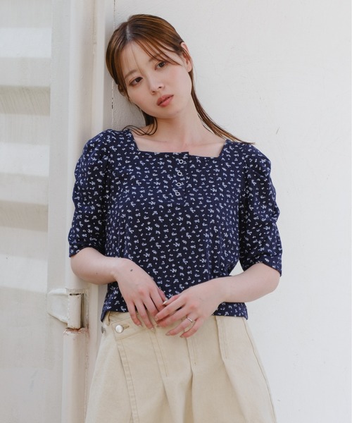 美品＊コムデギャルソンガール 小花柄 コットンシルクシャツ S ネイビー Kastane（カスタネ） tシャツ 半袖 小花柄ヘンリースクエアプル