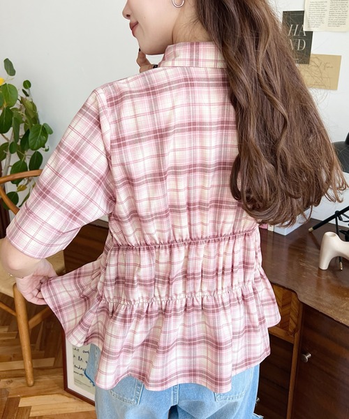 moment+ ブラウス シャツ シャーリングビスチェデザイン半袖チェック