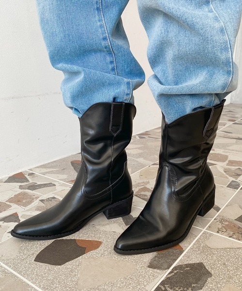 Pointed Toe Short Boots ウエスタン ブーツ本革　27cm moment+ ブーツ ショートウエスタンブーツ レディース : ZOZOTOWN