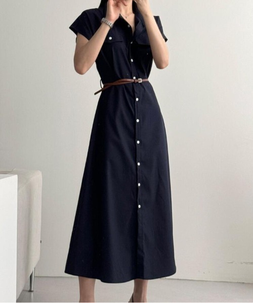ワンピース シャツカラーショートスリーブ チェストポケットフロント