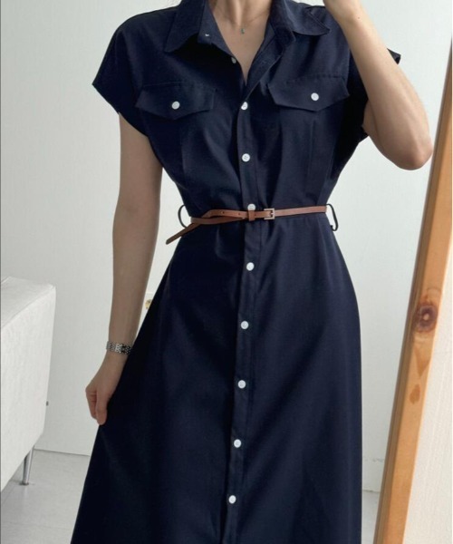 ワンピース シャツカラーショートスリーブ チェストポケットフロント
