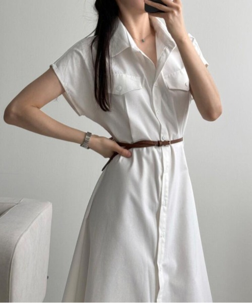 ワンピース シャツカラーショートスリーブ チェストポケットフロント