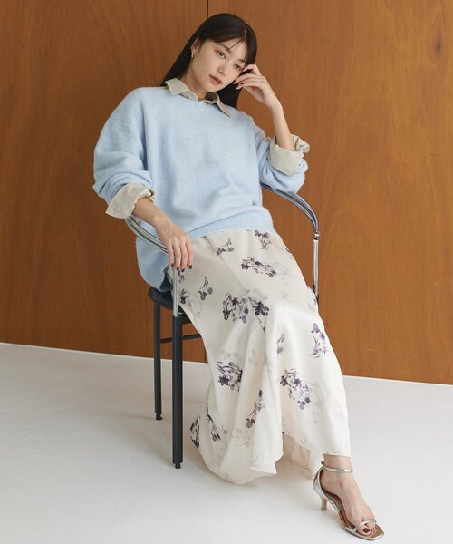 natural couture ロング スカート 長さ変えれる花柄サテンスカート