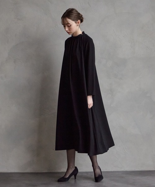 パーティードレス ワンピース 「喪服・礼服」ウォッシャブル ラグランスリーブテントラインブラックワンピースの画像