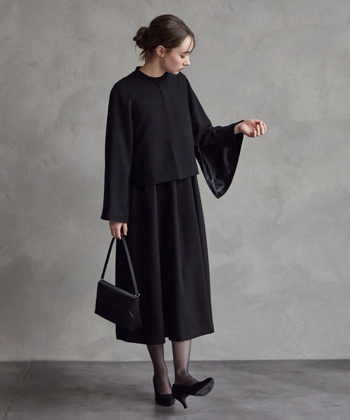 パーティードレス ワンピース 「喪服・礼服」ウォッシャブル ラグランスリーブテントラインブラックワンピースの画像