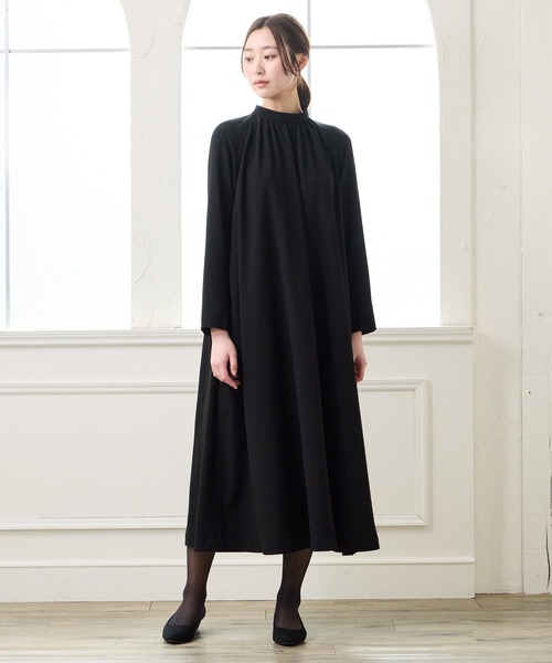パーティードレス ワンピース 「喪服・礼服」ウォッシャブル ラグランスリーブテントラインブラックワンピースの画像