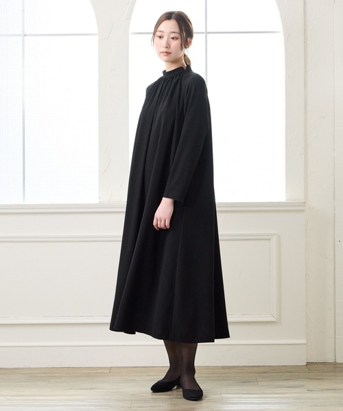 パーティードレス ワンピース 「喪服・礼服」ウォッシャブル ラグランスリーブテントラインブラックワンピースの画像