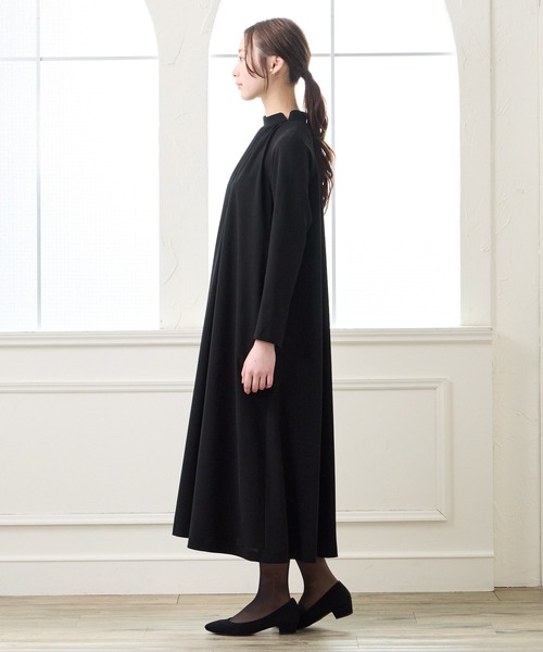 パーティードレス ワンピース 「喪服・礼服」ウォッシャブル ラグランスリーブテントラインブラックワンピースの画像