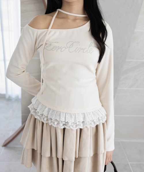 clear tシャツ レースフリルロゴ入りレイヤード風長袖カットソー