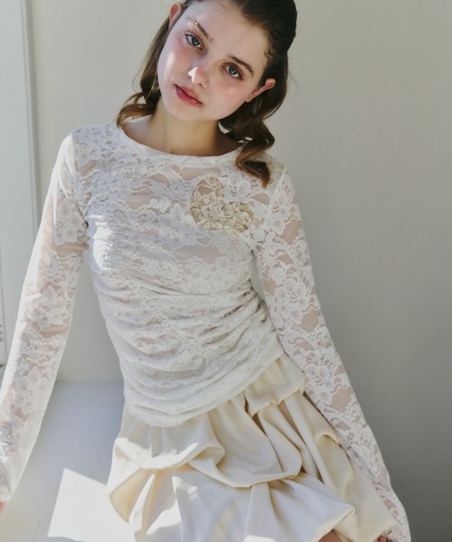 tシャツ heart lace long sleeve tops / ハート切り替えレーストップス